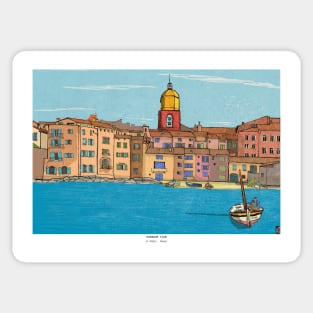 Harbour View St Tropez France Retro Inspired Style Illustration Sticker